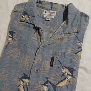 Columbia XL textured 100% cotton short-sleeved Hawaiian Shirt blue/tan easy care